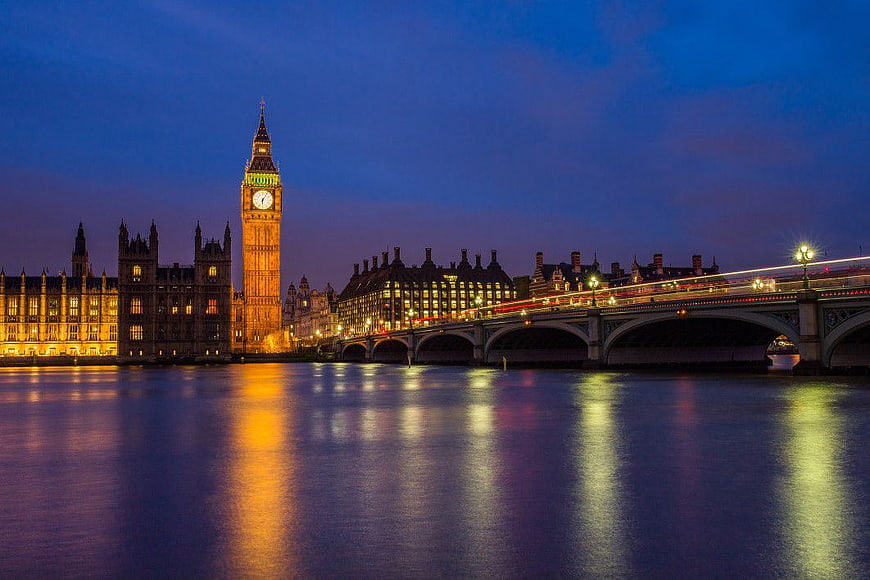 Big Ben and Westminster Bridge at Night with Light Trails
