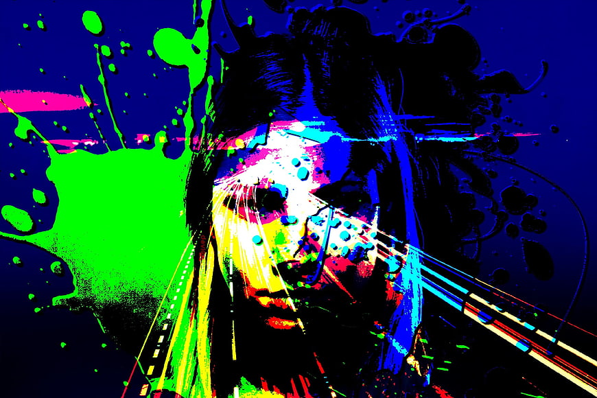 Vibrant Pop Art Woman Portrait With Neon Splatter And Highway Overlay