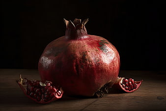 Dark moody pomegranate still life on wooden table