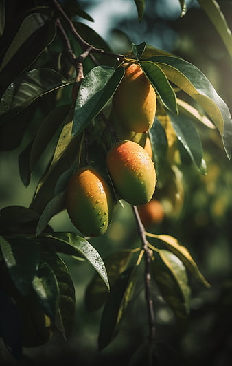 Ripe Mangoes Hanging on Tree Branch with Water Droplets