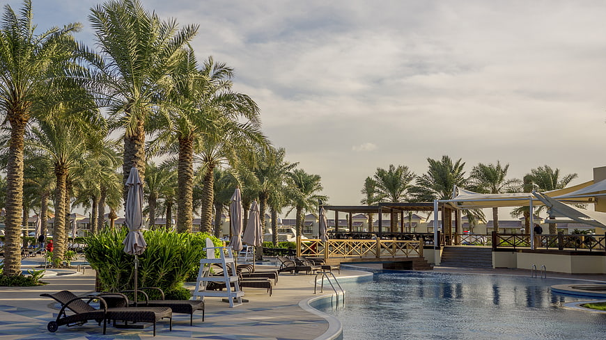 Luxury Resort Swimming Pool With Palm Trees And Lounge Chairs