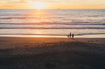 Silhouettes of people on a beach at golden sunset