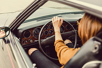 Woman Driving Vintage Classic Car Interior