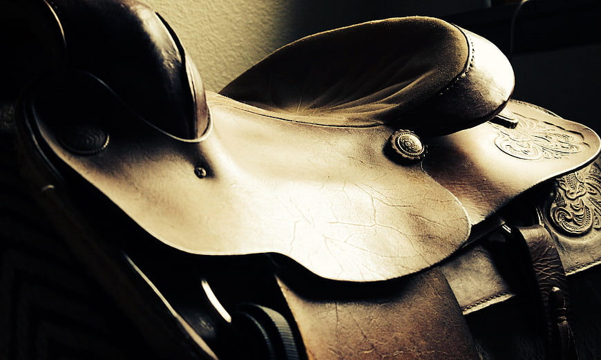 Close-up of vintage western leather horse saddle