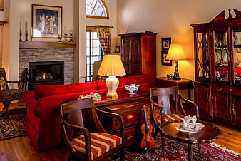 Traditional Living Room with Red Sofa and Antique Furniture