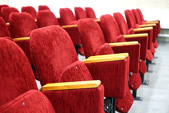 Rows of Red Theater Seats with Wooden Armrests
