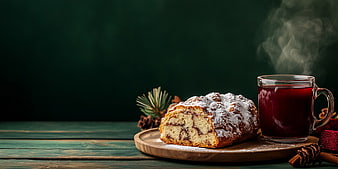 Steaming Hot Drink and Cinnamon Bun on Wooden Board