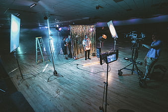 Behind the scenes of a professional video production studio shoot