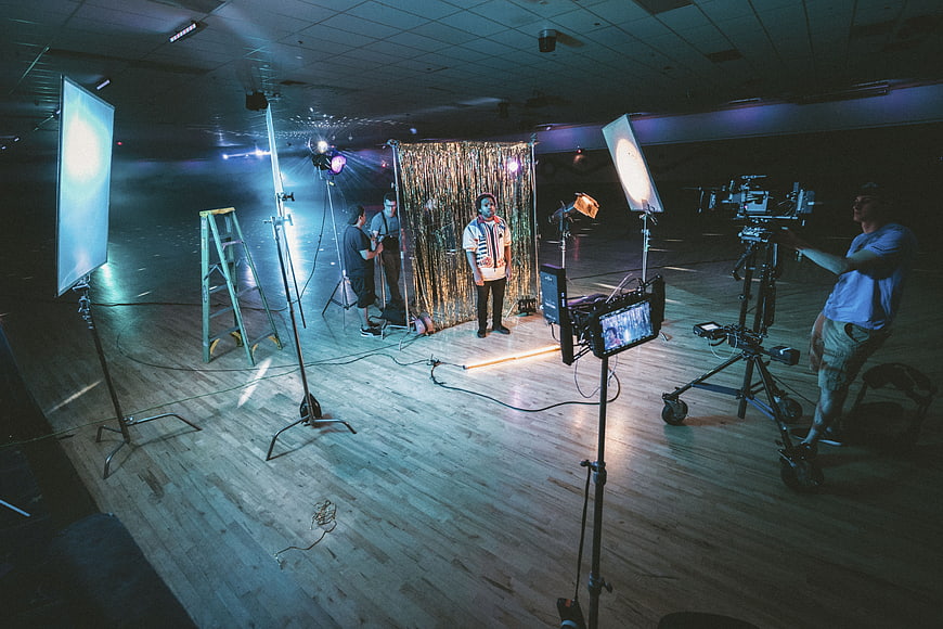 Behind the scenes of a professional video production studio shoot
