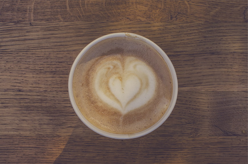 Top View of Latte Art Heart on Wooden Table