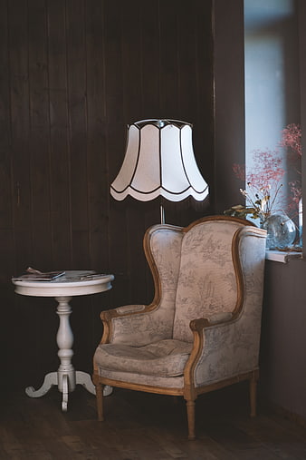 Vintage Wingback Armchair and Lamp in Dark Wood Room