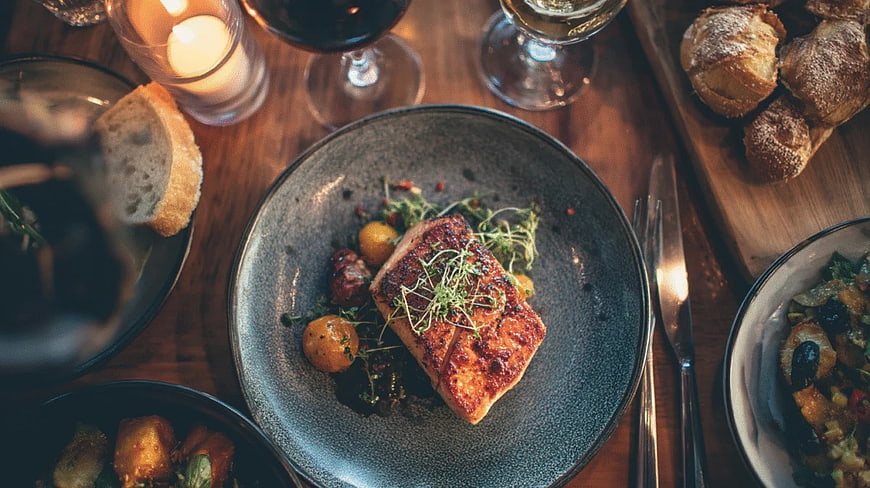 Overhead View of Gourmet Seared Salmon Dinner