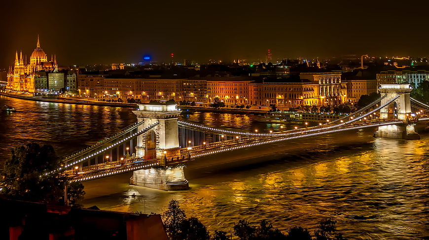 Illuminated Chain Bridge and Parliament at Night in Budapest