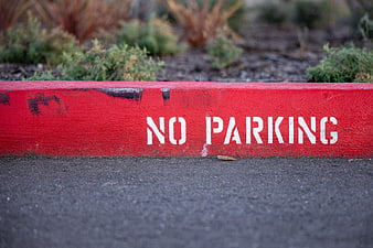 Red No Parking Curb with White Stenciled Text