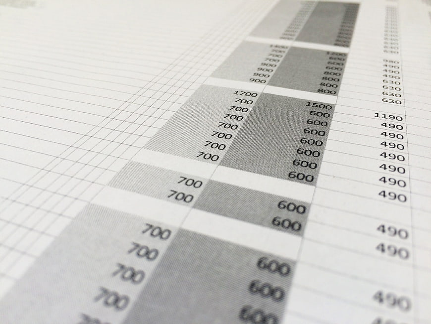 Close-up of financial spreadsheet with numerical data and grid lines