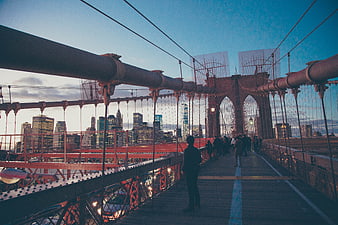 Brooklyn Bridge Walkway at Dusk with Manhattan Skyline
