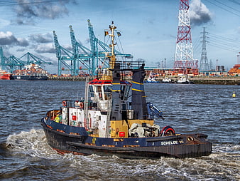 Blue Tugboat Schelde 20 Navigating Industrial Port Harbor