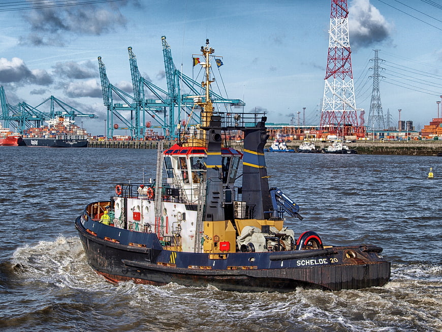 Blue Tugboat Schelde 20 Navigating Industrial Port Harbor
