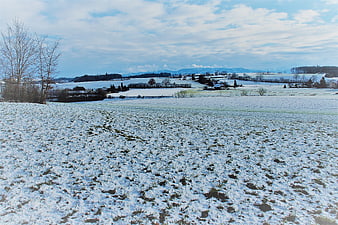 Snowy Winter Landscape with Rolling Hills and Distant Mountains
