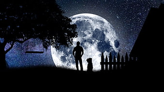 Man and dog silhouette against giant moon and starry night sky