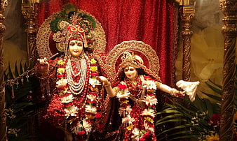 Ornate Radha Krishna Deities in Red Temple Setting