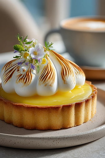 Gourmet Lemon Meringue Tart with Edible Flowers and Coffee