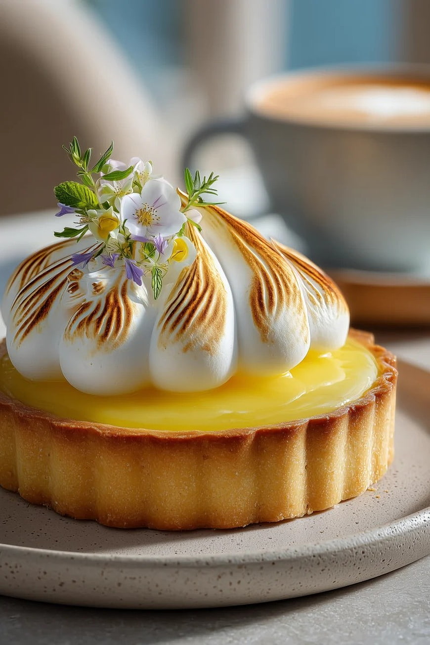 Gourmet Lemon Meringue Tart with Edible Flowers and Coffee