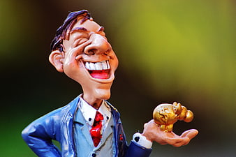 Giant Headed Businessman Figurine Holding Gold Coin