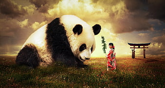 Giant Panda and Woman in Kimono in Fantasy Field
