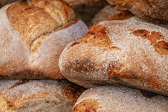 Close-up of freshly baked rustic sourdough bread loaves