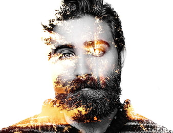 Double Exposure Portrait of Bearded Man with Golden Sunset and Tree Branches