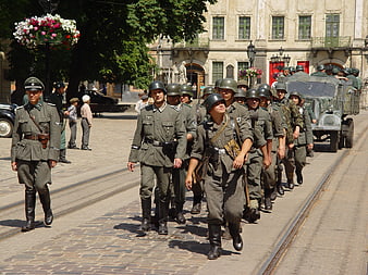 WWII Military Reenactment Parade In European City Square