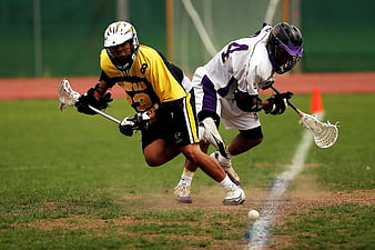 Two Male Lacrosse Players Competing for the Ball on Grass Field