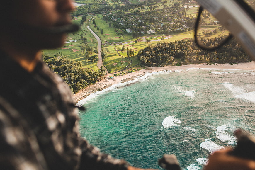 Helicopter Pilot View Over Coastal Golf Course and Ocean