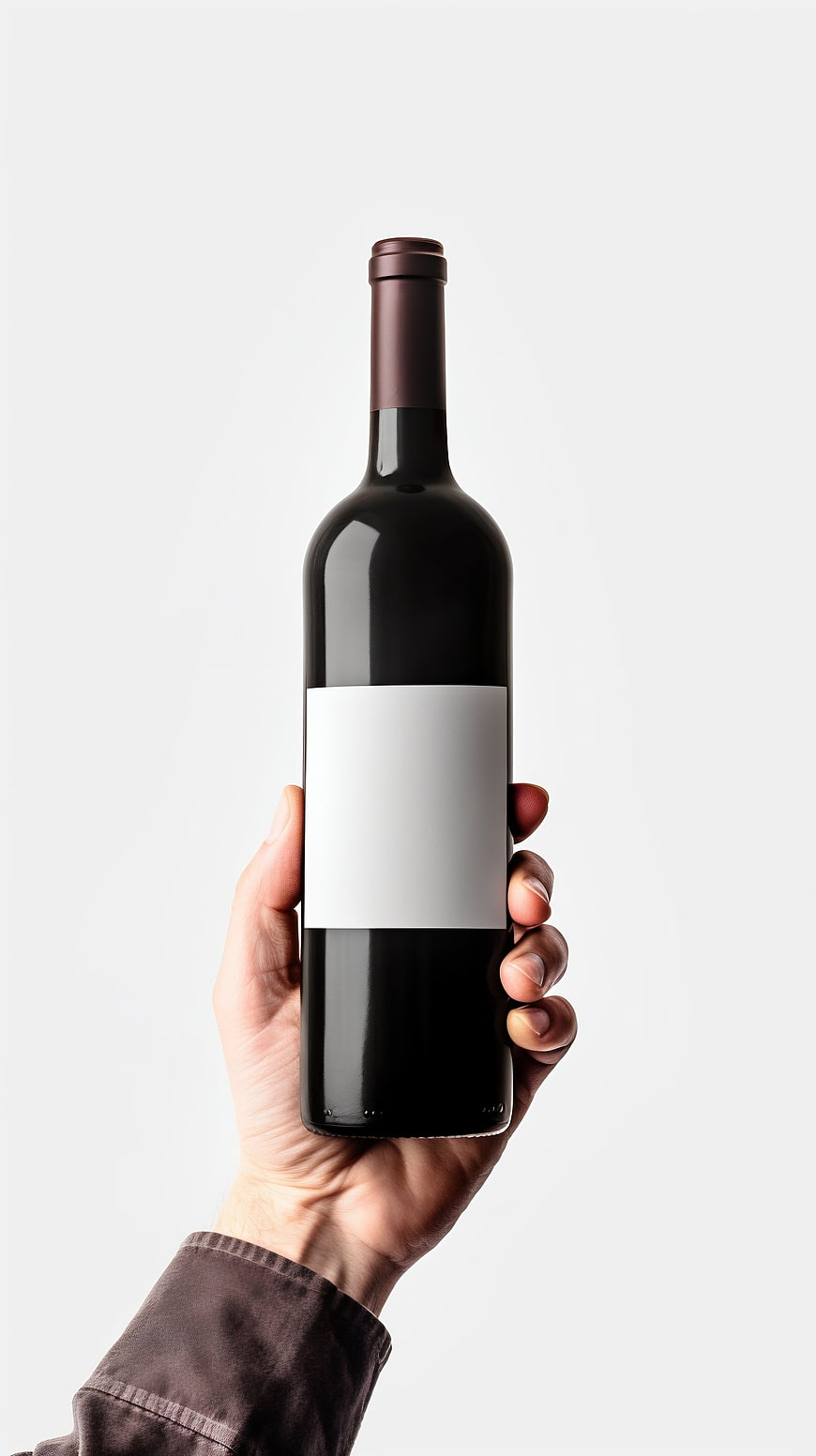 Hand holding wine bottle with blank label mockup