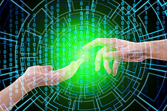 Hands Reaching Toward Glowing Green Digital Binary Code Network