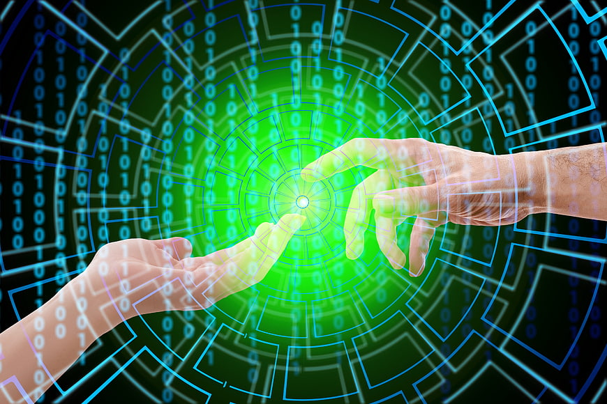 Hands Reaching Toward Glowing Green Digital Binary Code Network