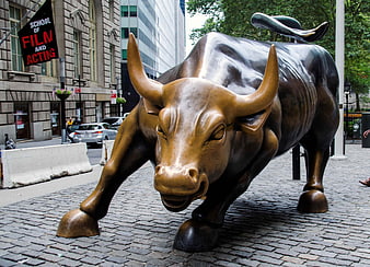 Charging Bull Statue on Cobblestone Street in New York City