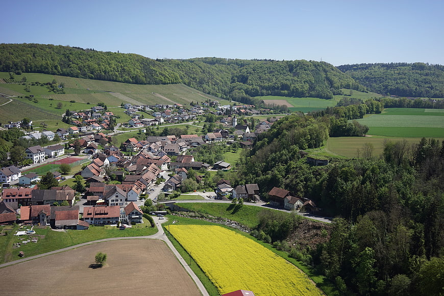 Aerial view of European village in green valley with rapeseed field