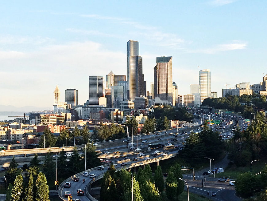 Seattle skyline with busy highway and downtown skyscrapers