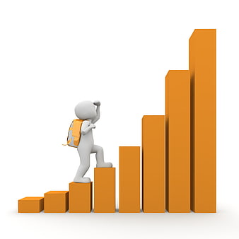 3D Character Climbing Orange Bar Chart Steps