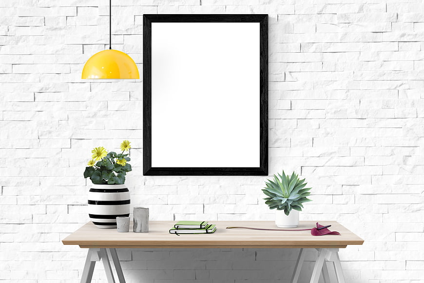 Modern Workspace Mockup with Blank Poster Frame