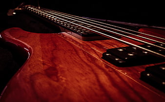 Close-up of red electric bass guitar body and strings