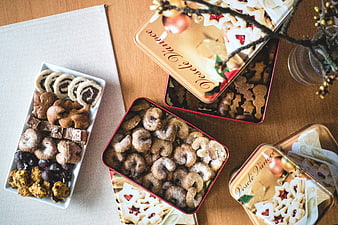 Traditional European Christmas Cookies in Tins and on Plate