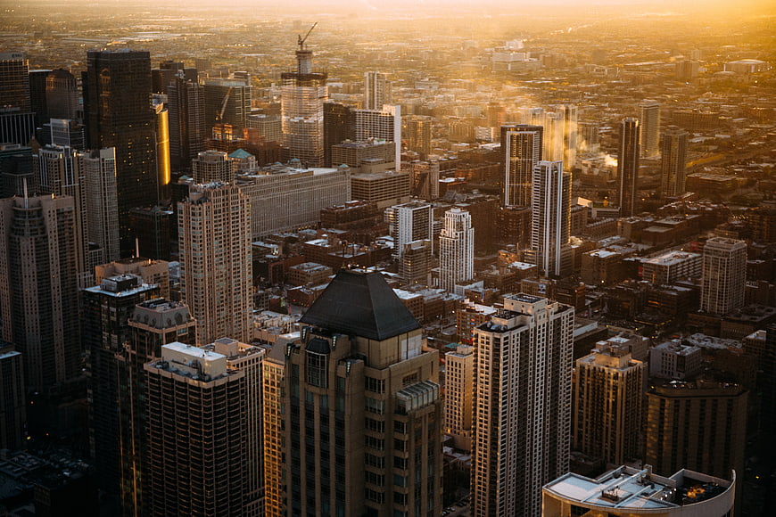 Aerial View of Chicago Skyline at Golden Hour