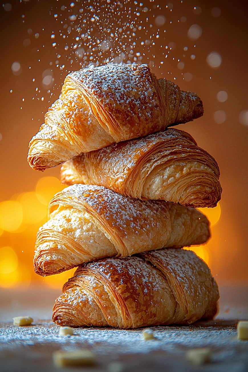 Stack of Golden Croissants with Powdered Sugar