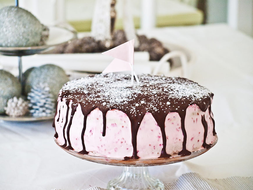 Chocolate Drip Cake with Pink Frosting and Sprinkles
