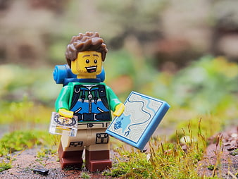 Lego Hiker Minifigure with Map and Compass in Nature