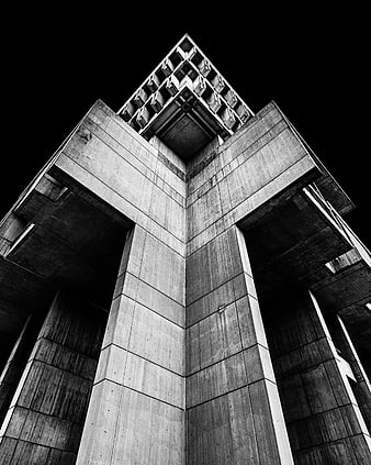 Low angle black and white brutalist concrete architecture