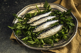Fresh Sardines on Parsley in Vintage Silver Platter